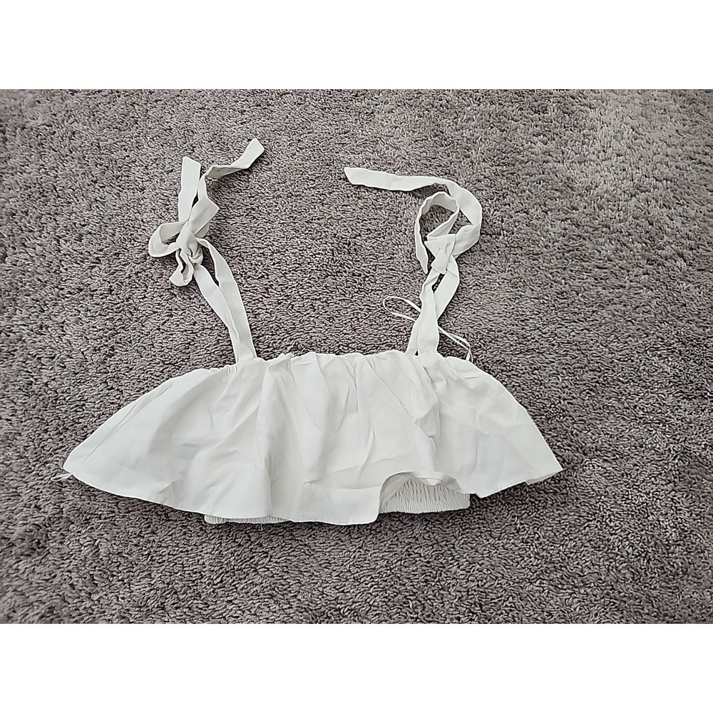 Blue Blush Crop Top Womens S White Tie Shoulder Linen Blend Beach Summer Boho
